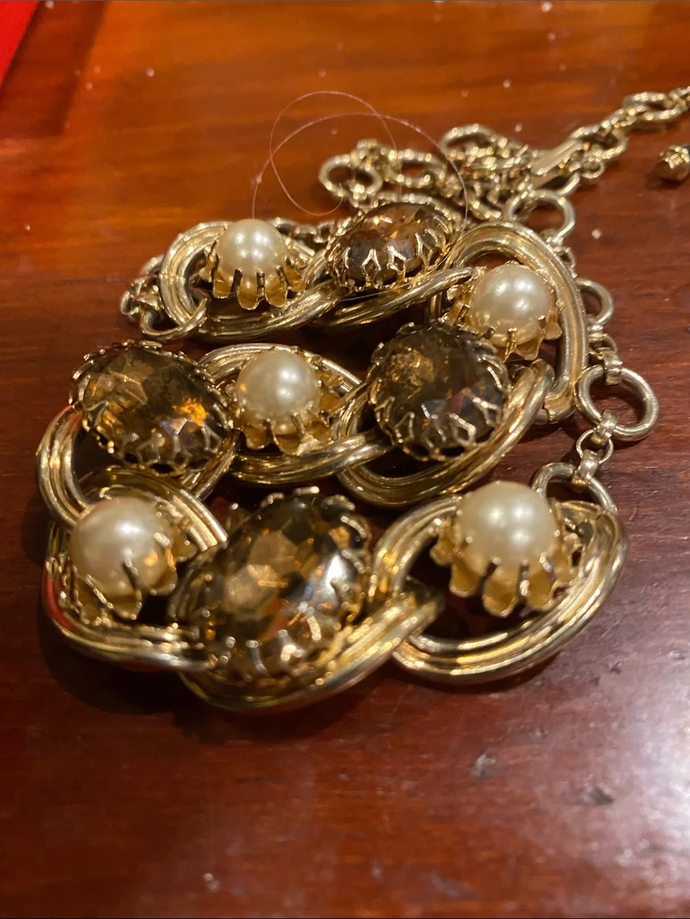 Gold-Tone Pearl and Amber Crystal Statement Necklace
